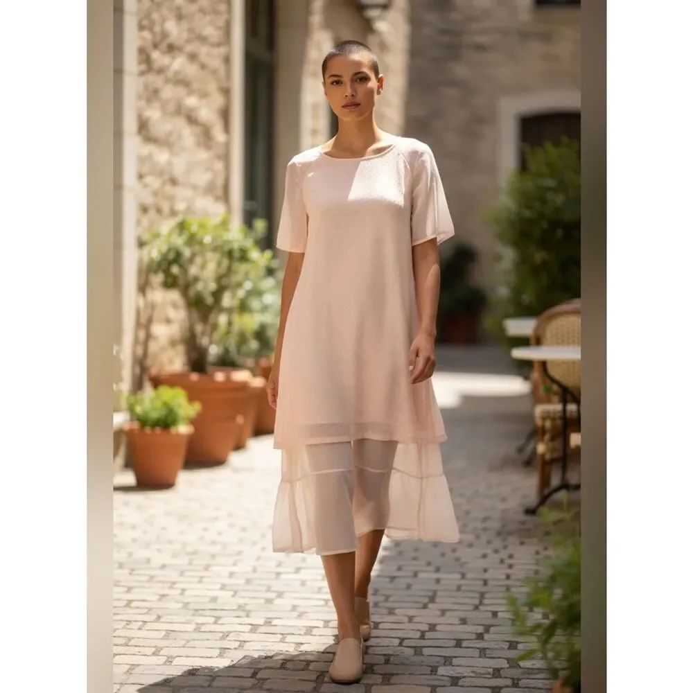 Anthropologie Cluny Blush Woven Mixed Media Tiered Shirt Tunic Midi Dress XS